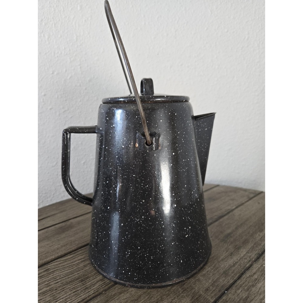 Vintage Black & White Speckled Enamelware Graniteware Cowboy Style Coffee Pot